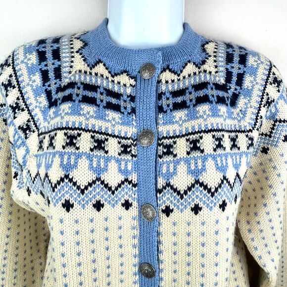 Handmade O Allers Nilssen Norway Wool Fair Isle Cream Blue Cardigan Sweater S/M - Picture 9 of 15